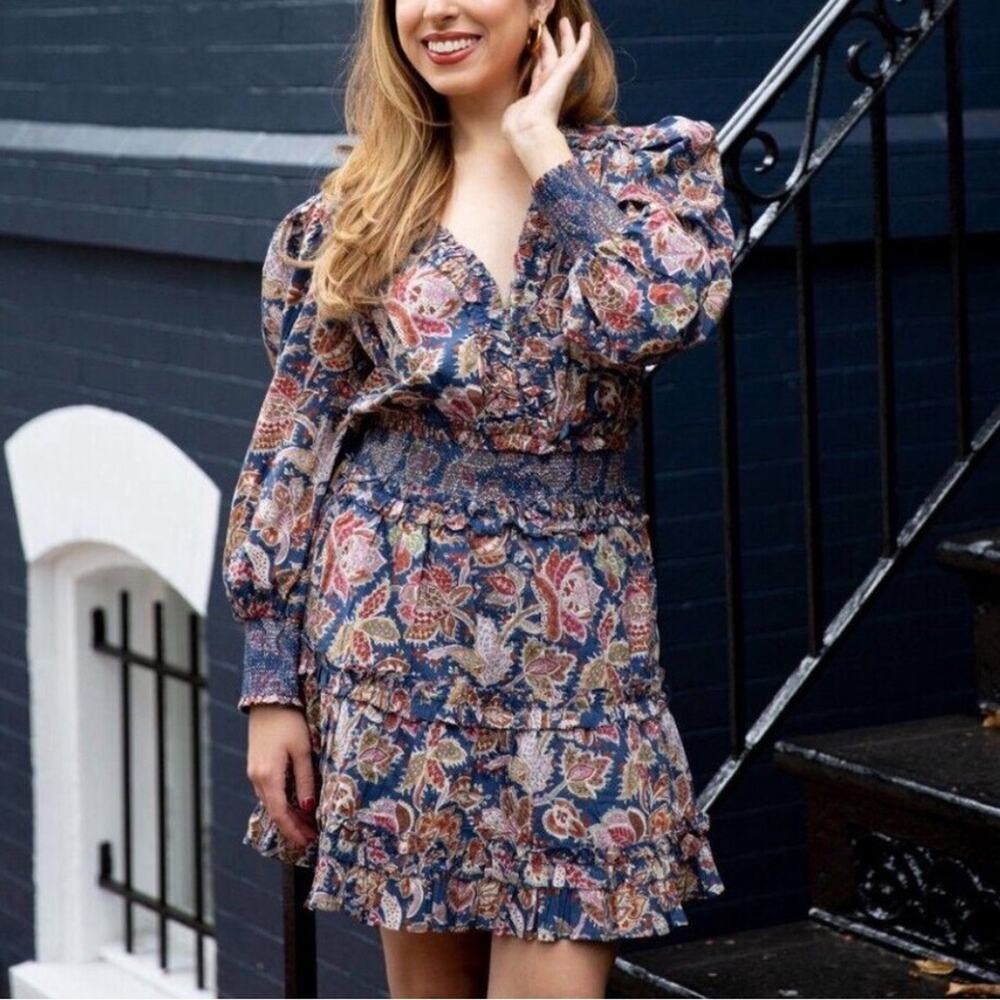 Anthropologie Love The Label Puff Sleeve Dress Smocked Paisley Small $275 - Picture 3 of 11